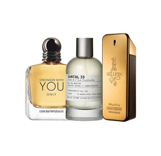 ✨ Combo 9: Santal 33 + One Million Parfum + Stronger With You Only – Elegancia y Carácter en un Solo Pack
